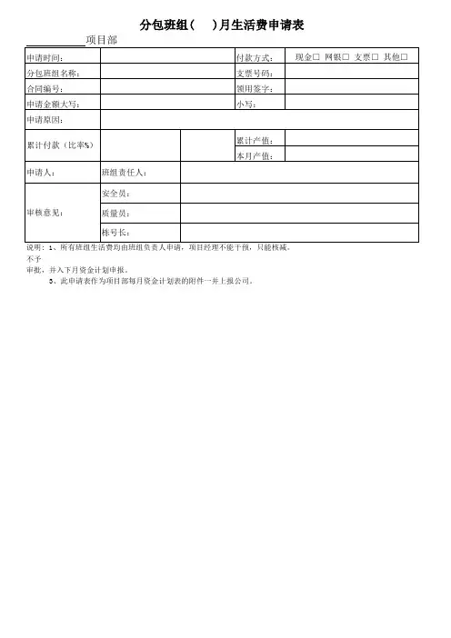 分包班组每月生活费申请表