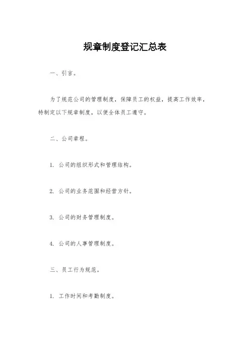 规章制度登记汇总表