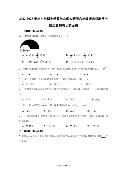 2022-2023学年上学期小学数学北师大新版六年级期末必刷常考题之圆的周长和面积