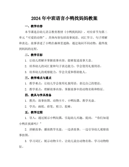 2024年中班语言小鸭找妈妈教案