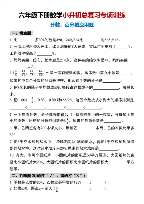 六年级下册数学小升初总复习专项训练分数百分数应用题(1)