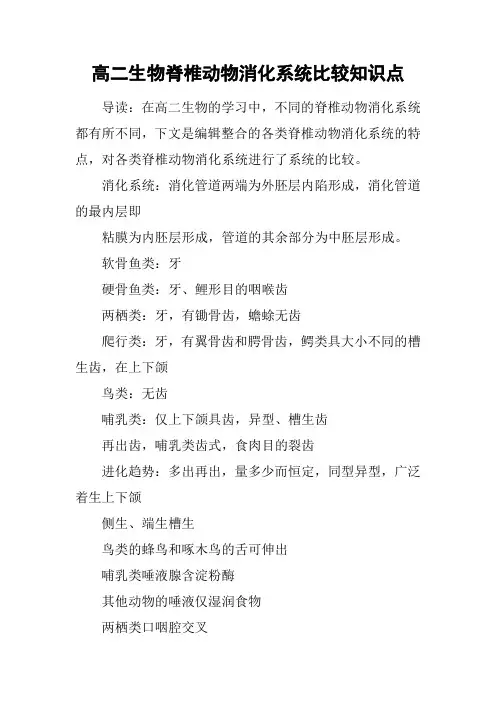 高二生物脊椎动物消化系统比较知识点