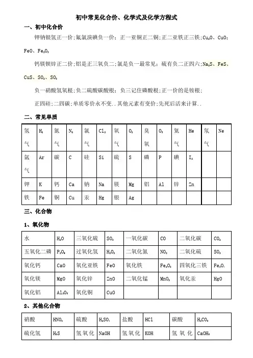 初中常见化合价化学式及化学方程式