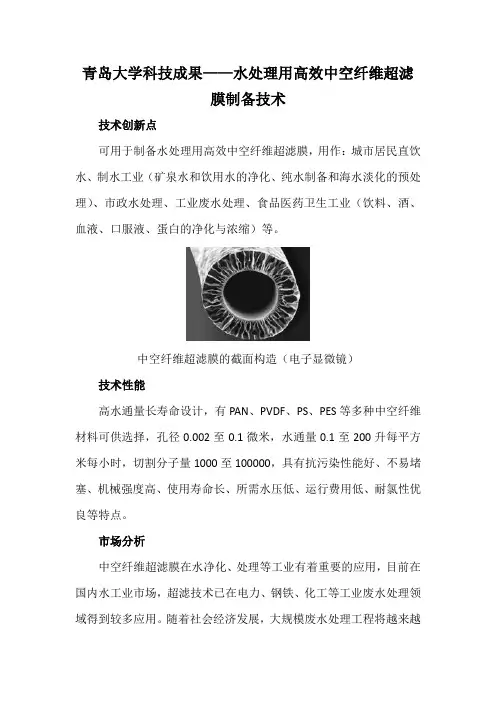 青岛大学科技成果——水处理用高效中空纤维超滤膜制备技术