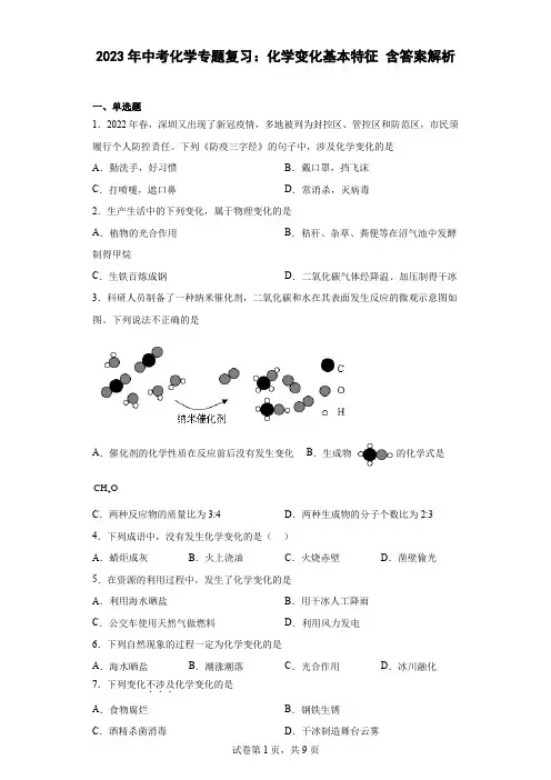 2023年中考化学专题复习：化学变化基本特征 含答案解析
