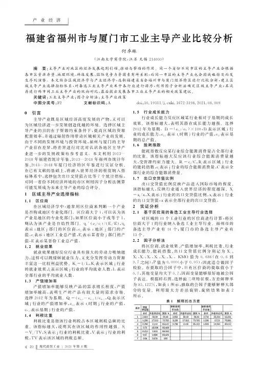 福建省福州市与厦门市工业主导产业比较分析