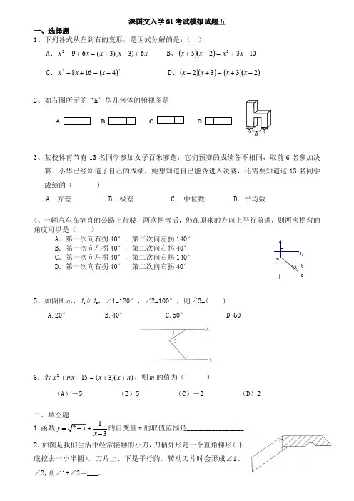 深国交入学G1考试模拟试题五