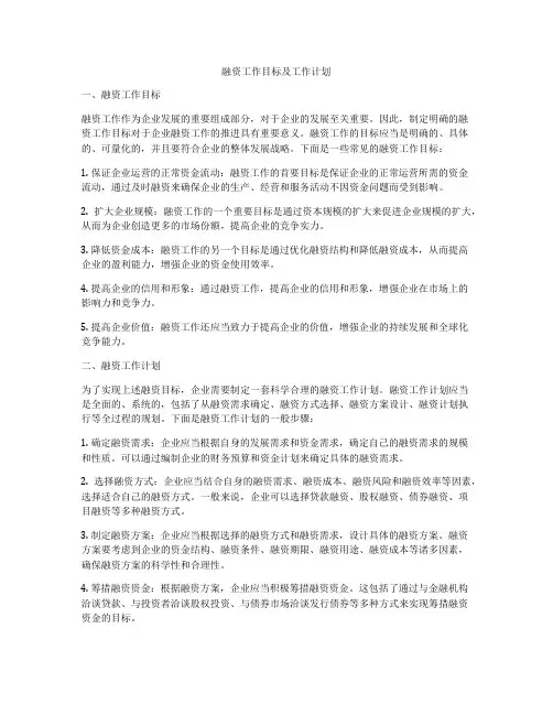 融资工作目标及工作计划