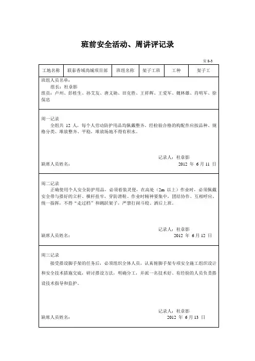 班组安全活动记录——架子工一个月