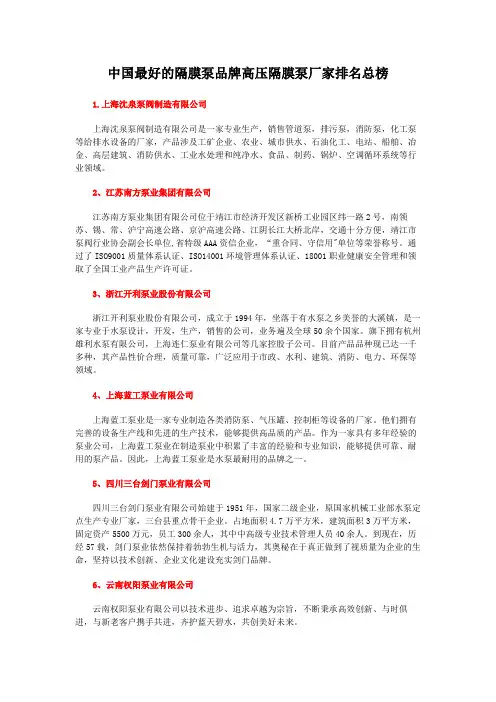 中国最好的隔膜泵品牌高压隔膜泵厂家排名总榜