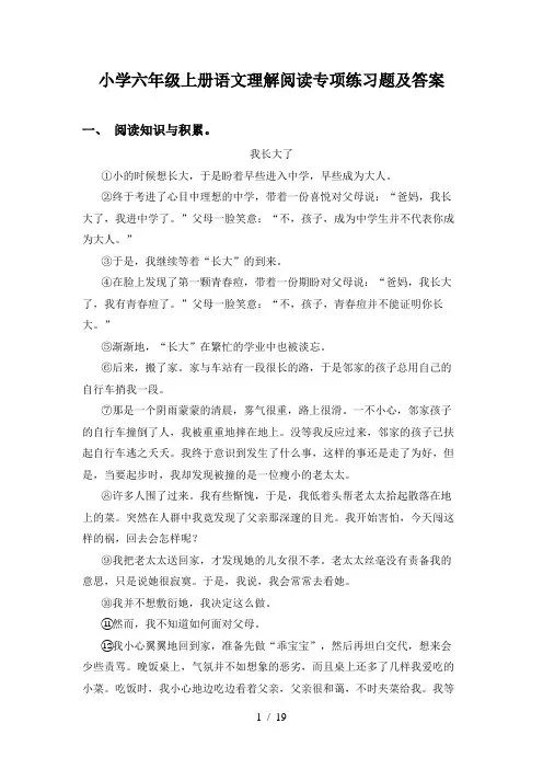 小学六年级上册语文理解阅读专项练习题及答案