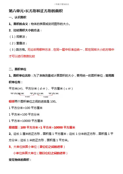 长方形和正方形的面积知识点总结