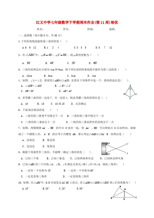 2016_2017七年级数学下学期第11周周末作业