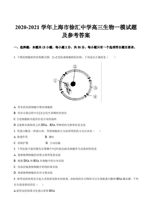 2020-2021学年上海市徐汇中学高三生物一模试题及参考答案