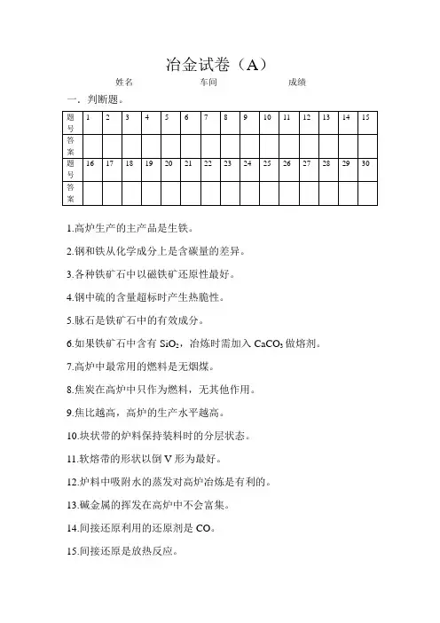 高炉炼铁试卷及答案(DOC)