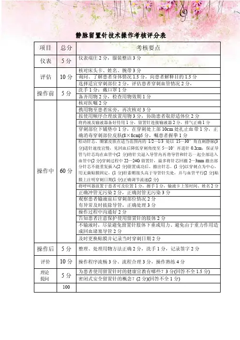 静脉留置针技术操作考核评分表