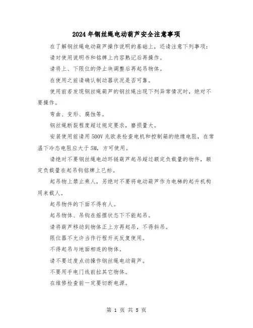 2024年钢丝绳电动葫芦安全注意事项（2篇）