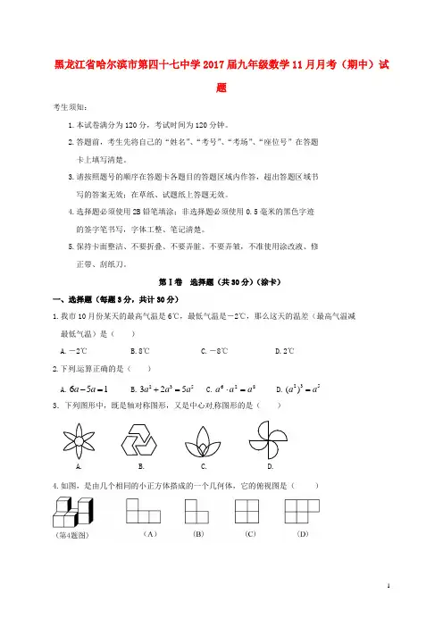 黑龙江省哈尔滨市第四十七中学九年级数学11月月考(期中)试题 新人教版