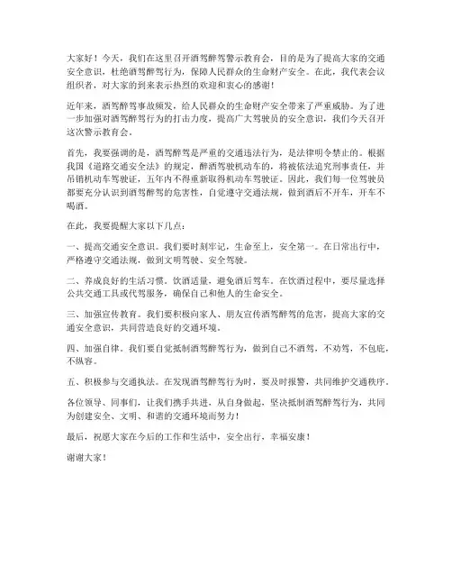 酒驾醉驾警示教育会领导发言稿