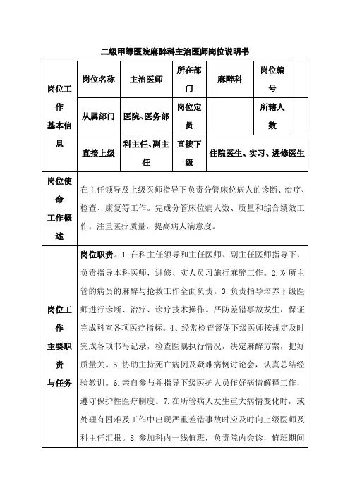 二级甲等医院麻醉科主治医师岗位说明书