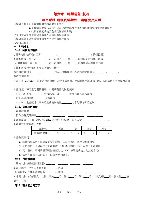 九年级化学《6.2物质的溶解性、溶解度及应用》复习学案 沪教版