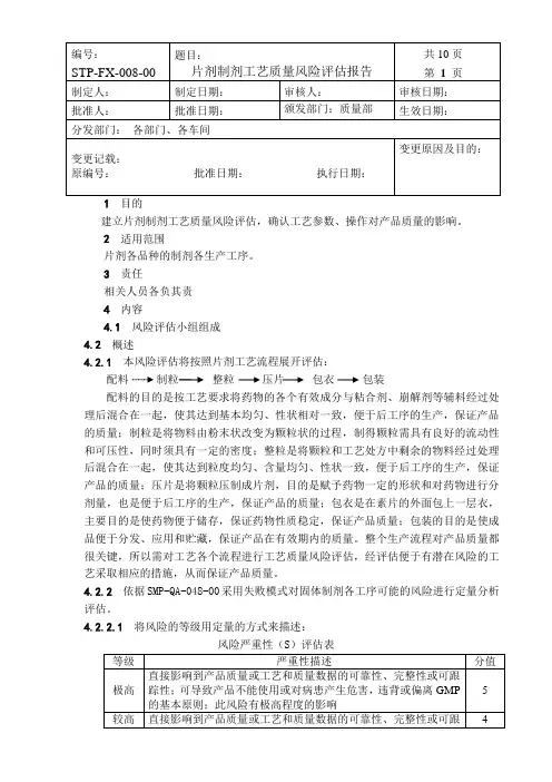 STP-FX-片剂各工序工艺质量风险评估
