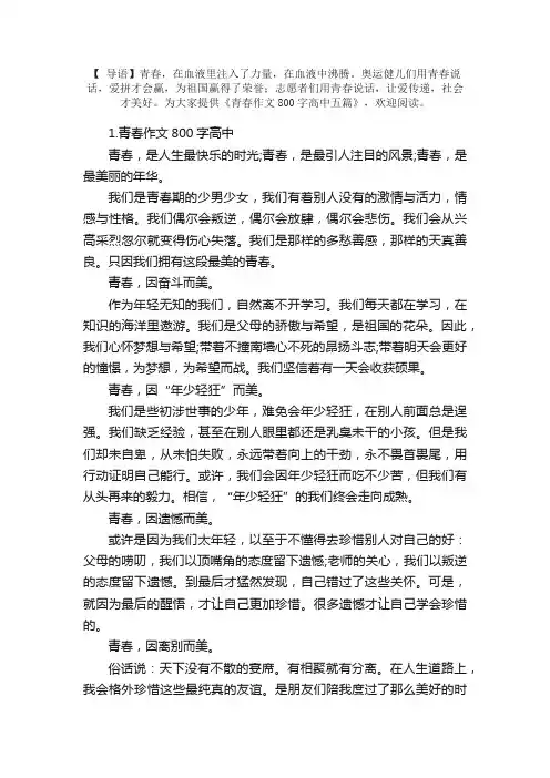 青春作文800字高中五篇
