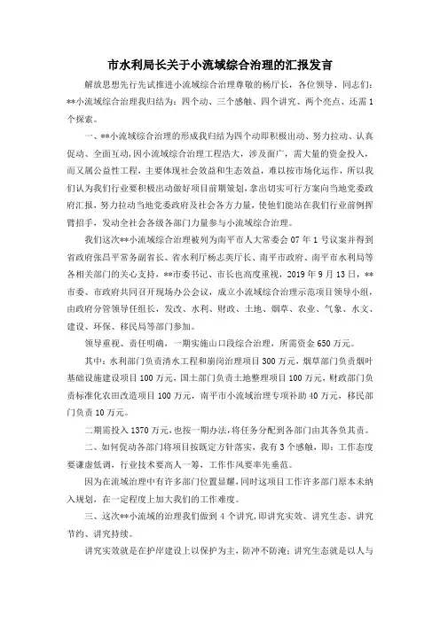 最新-市水利局长关于小流域综合治理的汇报发言 精品