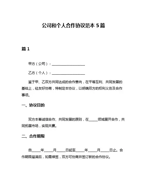公司和个人合作协议范本5篇