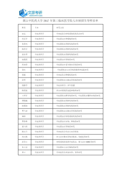 浙江中医药大学2017年第三临床医学院七年制招生导师名单