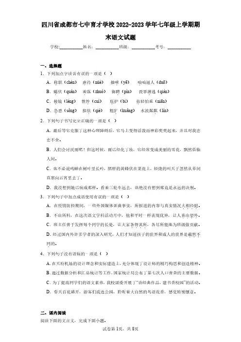 四川省成都市七中育才学校2022-2023学年七年级上学期期末语文试题(含答案解析)