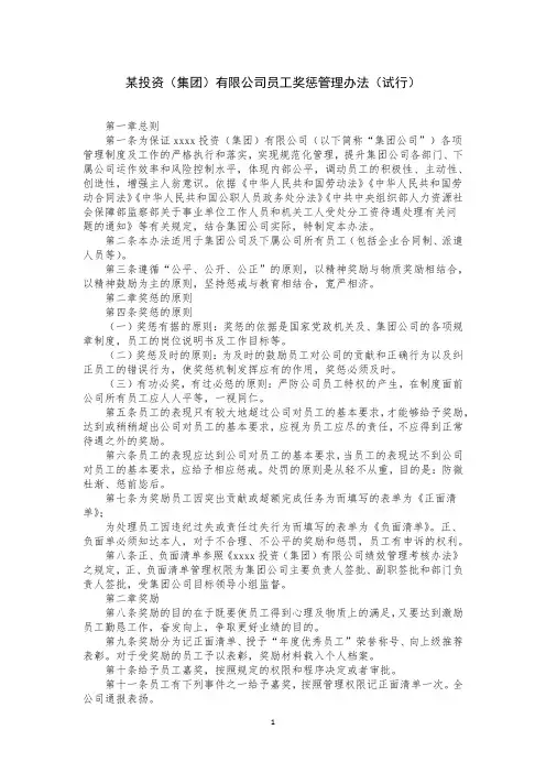某投资(集团)有限公司员工奖惩管理办法(试行)