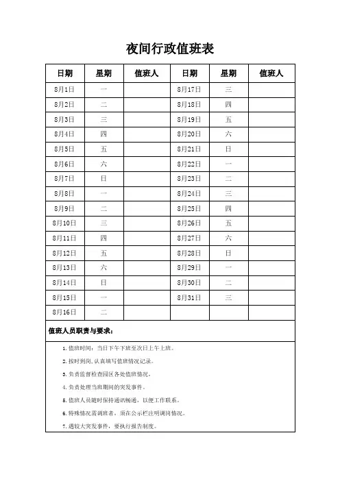 夜间行政值班表