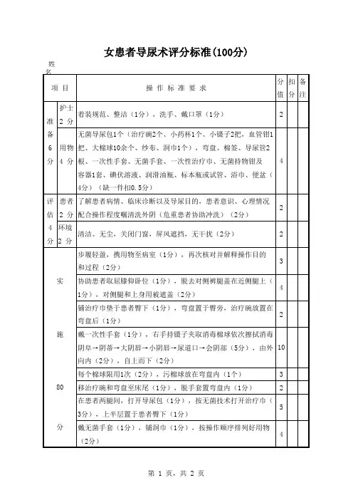 女患者导尿术评分标准