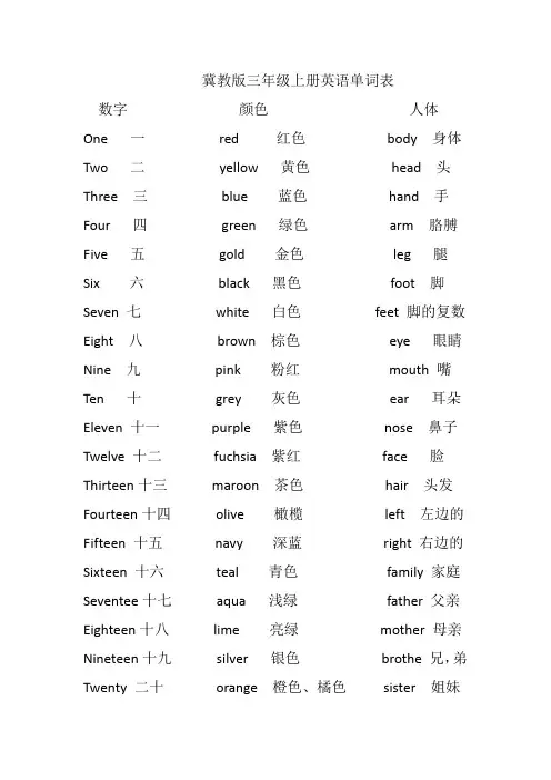 冀教版三年级上册英语单词表