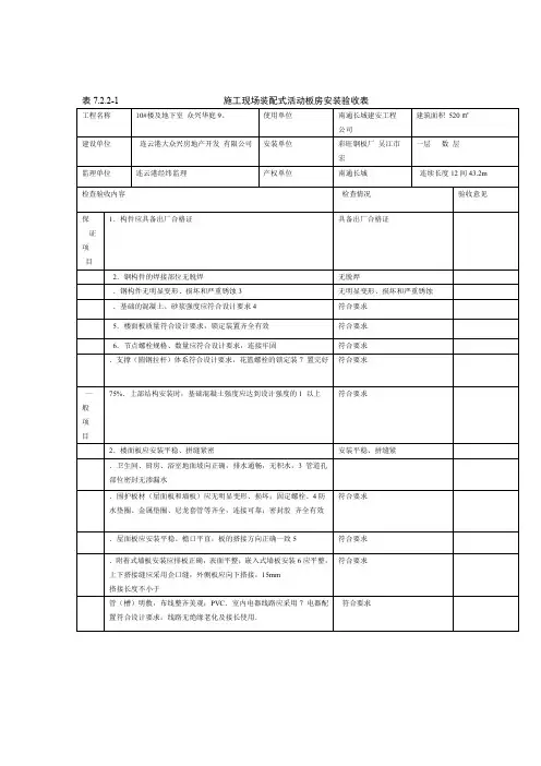 施工现场装配式活动板房安装验收表