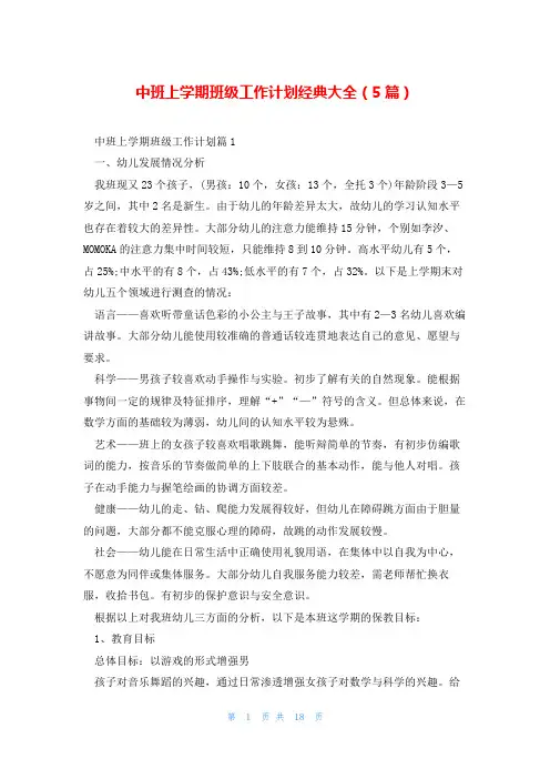 中班上学期班级工作计划经典大全(5篇)