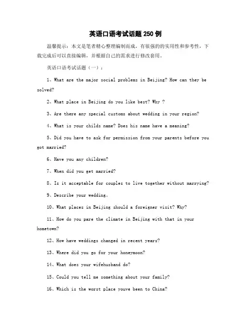 英语口语考试话题250例精选范文