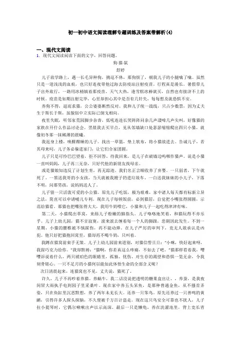 初一初中语文阅读理解专题训练及答案带解析(4)