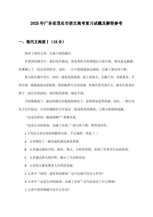 广东省茂名市语文高考2025年复习试题及解答参考