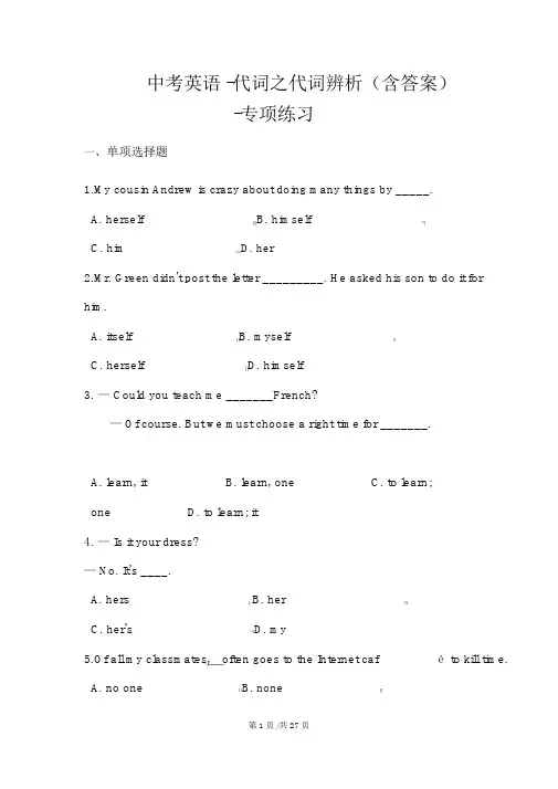 中考英语代词之代词辨析(含答案)专项练习