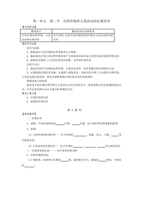 高二地理(鲁教版)必修3教学案设计：1.2自然环境和人类活动的区域差异