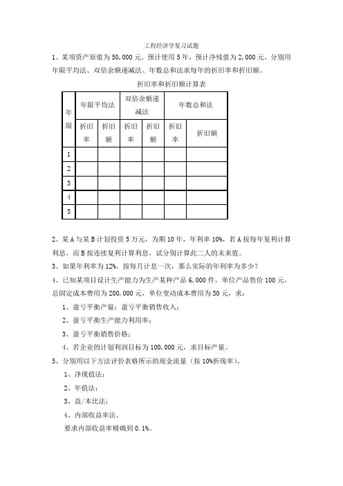 工程经济学复习试题