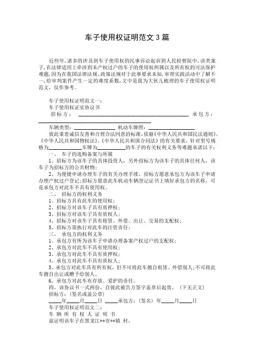 车子使用权证明范文3篇