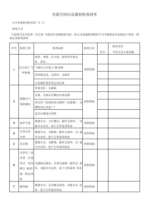 有限空间应急救援器材检查表格