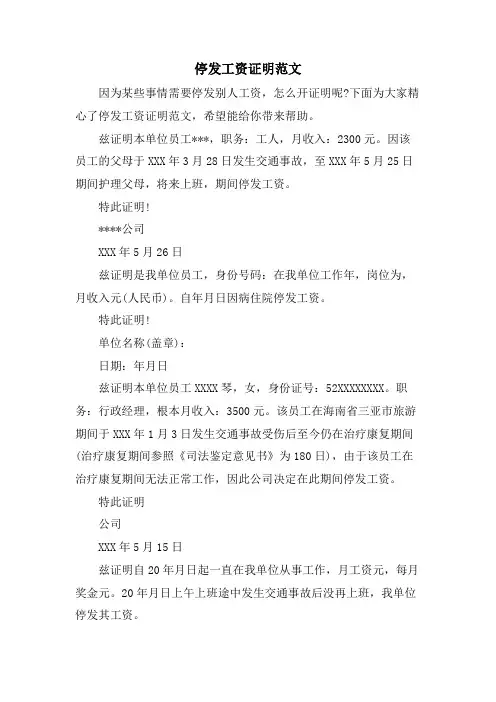 停发工资证明范文