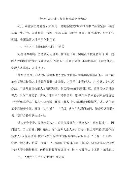 企业公司人才工作机制经验亮点做法
