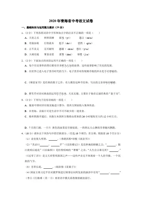 2020年青海省中考语文试卷(省卷)(含解析版)