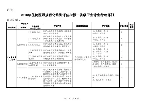 2016年住院医师规范化培训评价指标—级卫生计生行政部门-卫计委