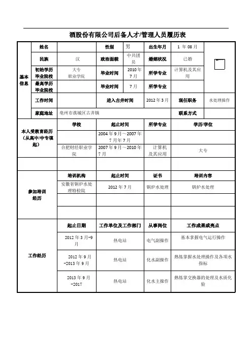 个人履历表(模板)